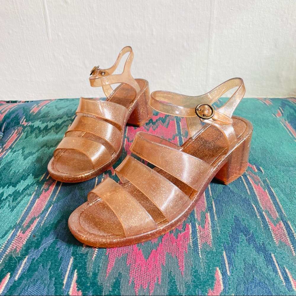 Peach Pink Jelly Heeled Sandals, US Women Size 8